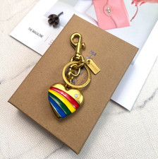 Rainbow Heart Metal Enamel Bag Charm Keychain Fob Brass Multi