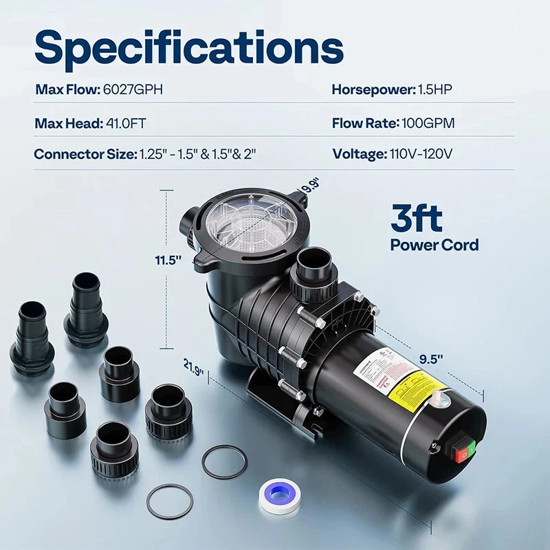 Swimming Pool Pump 1.5HP 2.0HP Self-Priming for In/Above Ground Pools w/Strainer - Image 2 of 4