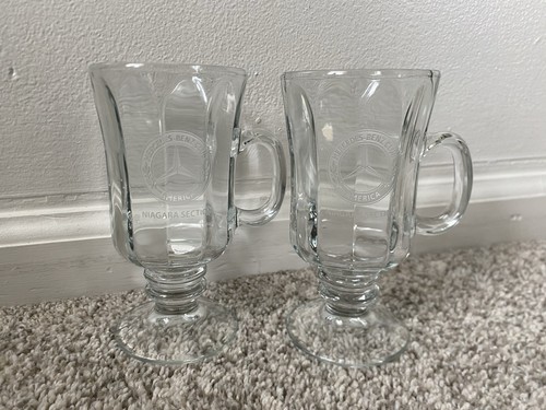 Vtg Mercedes Benz Club Of America Etched Drinking Glasses “Irish Coffee Mugs”