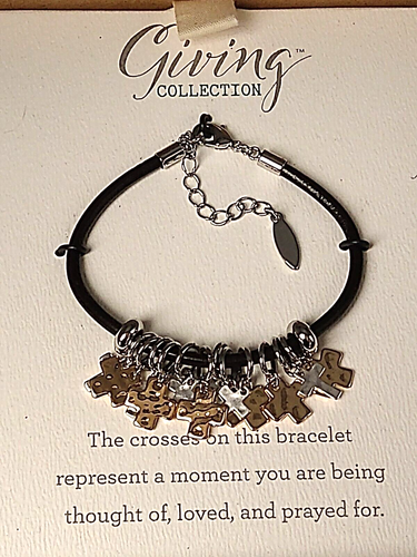 New Prayer Bracelet Black Leather Gold & Silver Crosses Charms Adjustable NIB