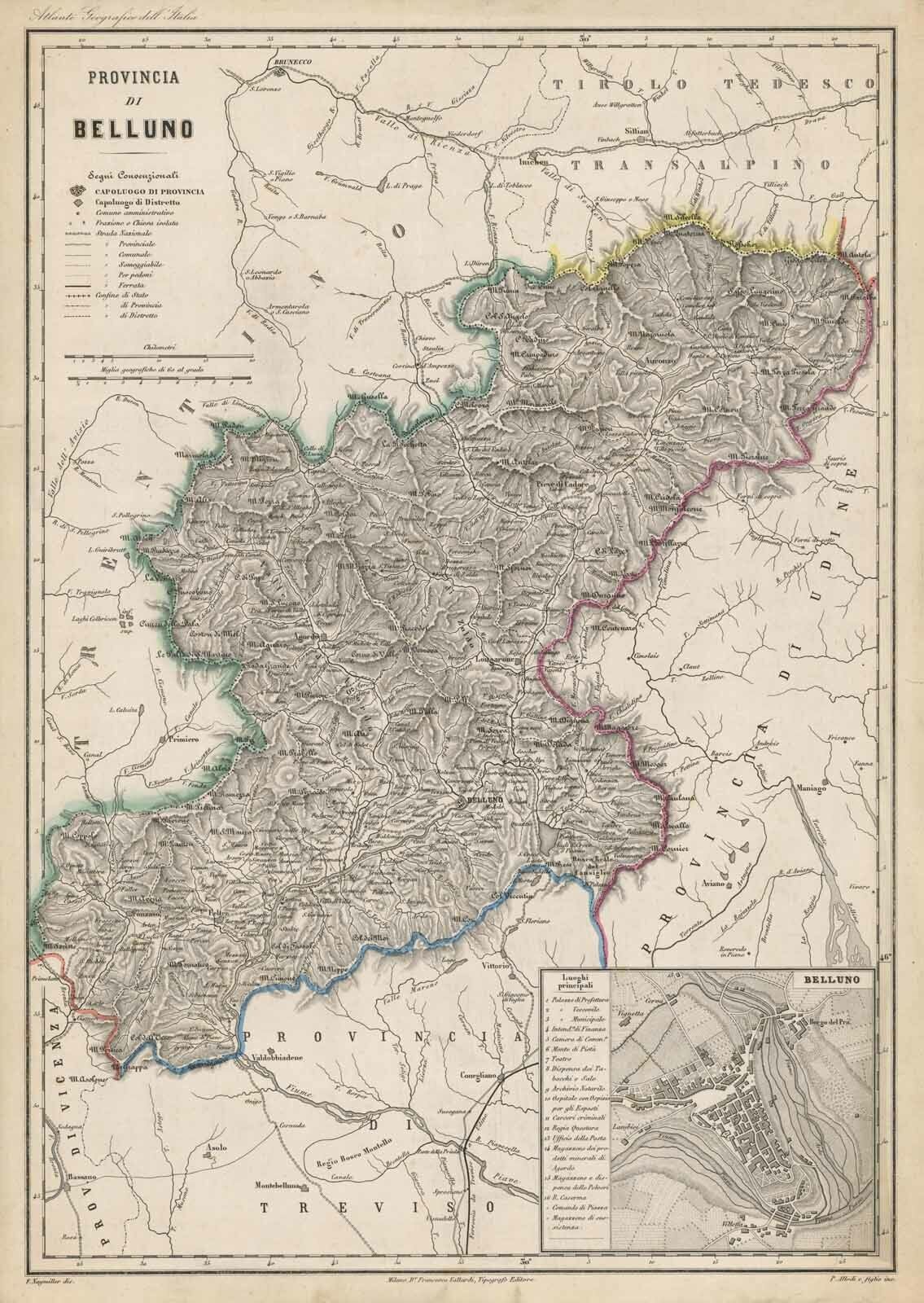 Carta Geografica originale Italia topografica Provincia Belluno Vallardi 1880 ca Popularne oferty