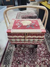 Vintage JC Penny Wicker Sewing Basket Storage Box Woven Floral with Removal Legs