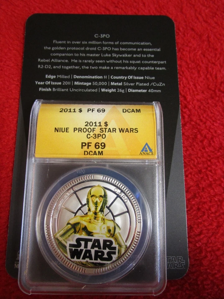 Placa de plata Niue 2011 $1 Star Wars C-3P0 ANACS PF69 Disney Lucas NGC CON CERTIFICADO DE AUTENTICIDAD c3p0 Foto 4 de 4