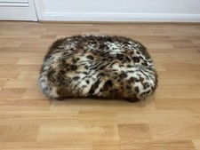 Vintage Footstool Foot Rest With Faux Leopard Fur Upholstery & Solid Wooden Legs