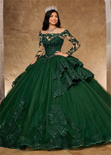 Princess Emerald Green Lace Ball Gown Quinceanera Dresses Long Sleeves Sweet 16