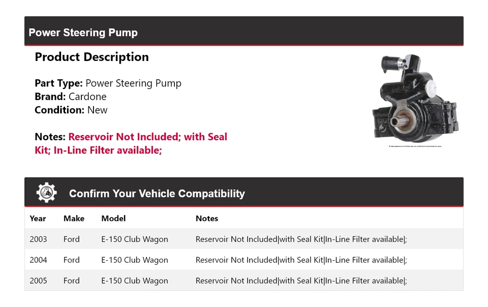 Насос гидроусилителя руля Cardone 2004 для Ford E-150 Club Wagon 2003-2005 годов выпуска - Изображение 2 из 4