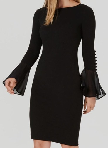 $90 Calvin Klein Women's Black Chiffon Bell-Sleeve Sheath Dress Petite Size  0P 194414138951 | eBay