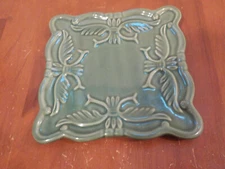 California Pantry Bread Plate Trivet Moss Green Ceramic 6" Square Embossed, nice