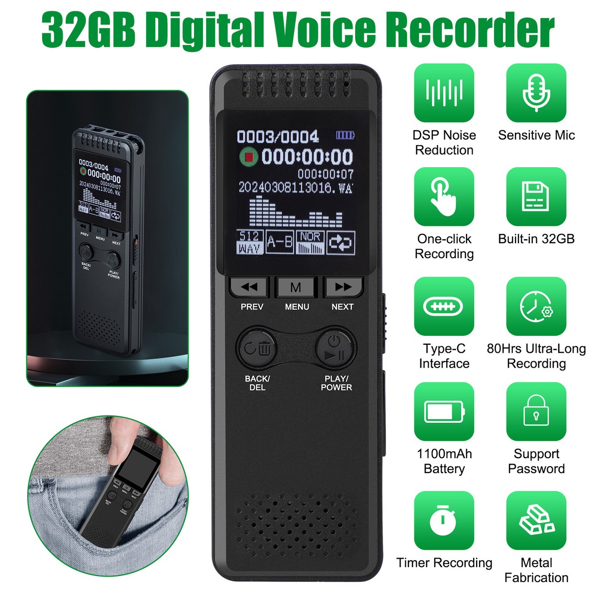 Digital Voice Recorder 64GB, Portable Voice Activated Recorder With Playback, Dictaphone Voice