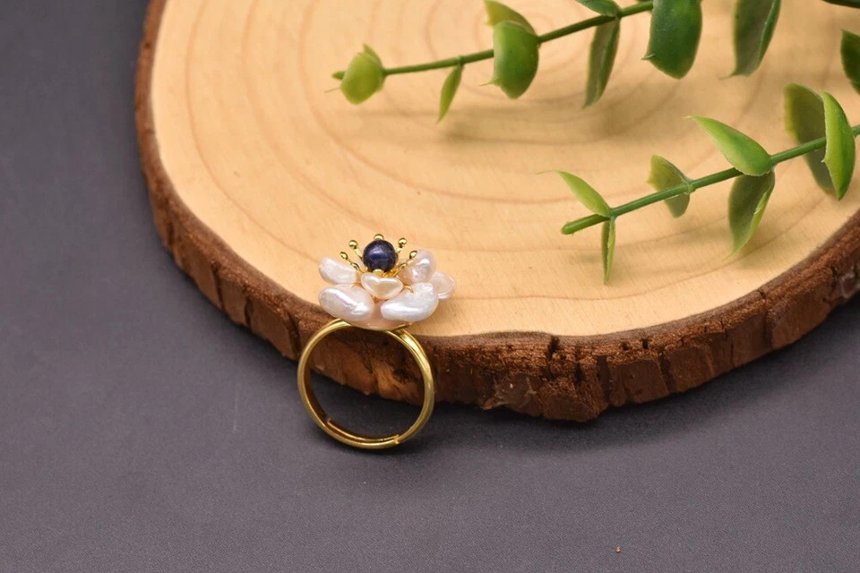 D17 Anello Fiore Di Perle Acqua Dolce E Lapislazzuli 925 Sterling Placcato Oro - Immagine 2 di 3