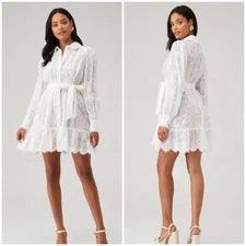Hemant and Nandita Ilara White Lace Long Sleeve Button Up Ruffle Mini Dress XS
