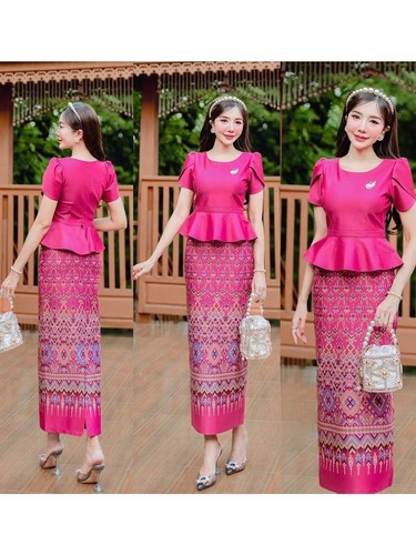Thai Cotton Dress Traditional Women Skirt Blouse Fashion Printed Long Laos Asian - 第 8/20 張圖片