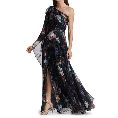 Marchesa One-Shoulder Gown Pleated Floral Chiffon Black Dress Side Slit Sz 6 - Picture 3 of 11