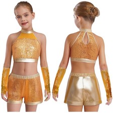 Girl's Shiny Dance Shorts Set Hip Hop Clothes 3 Pcs Disco Party Jazz Costumes