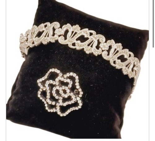 7” Sterling & Marcasite Link Bracelet And Rose Rhinestone Pin