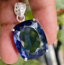 50 Ct Blue Sapphire Cushion Cut Pendant 925 Sterling Silver Eye Clean Natural