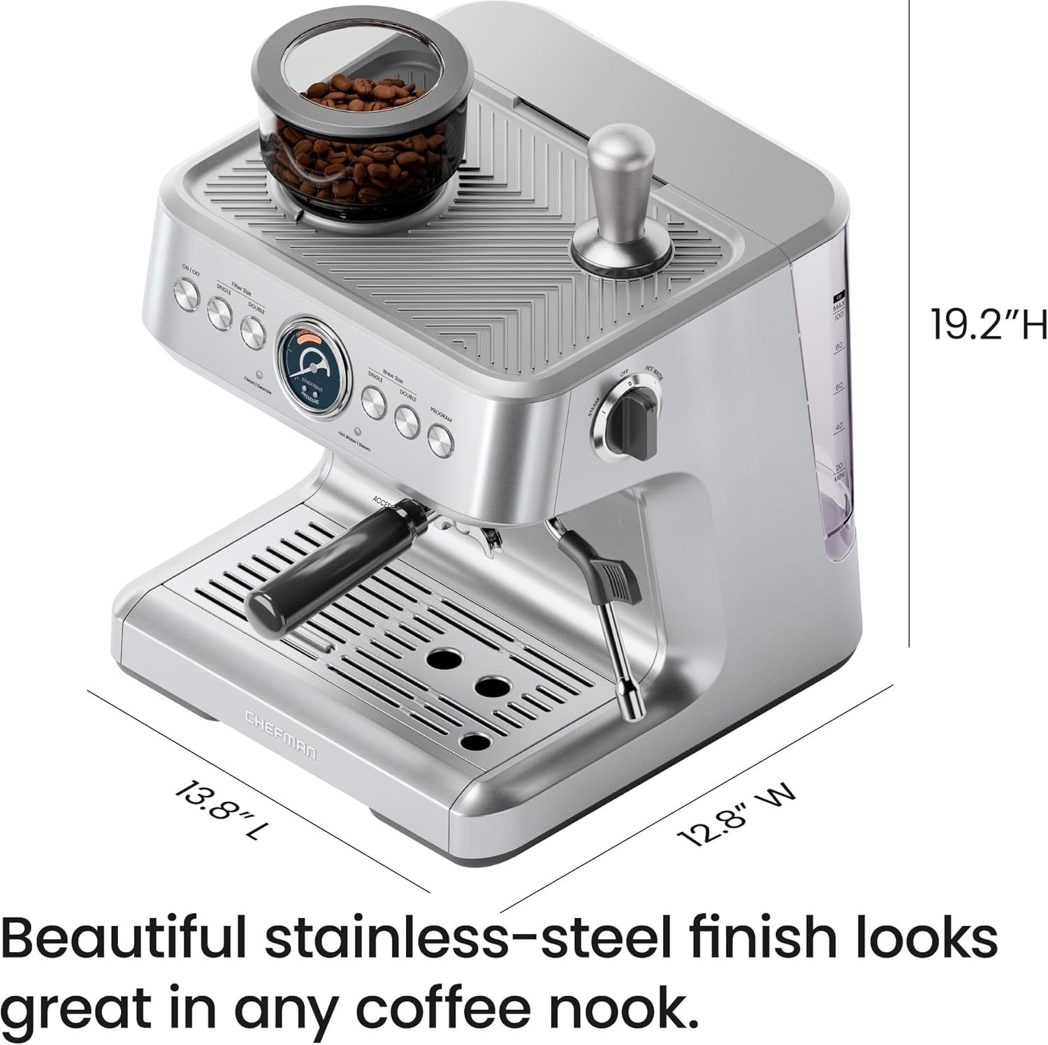 Chefman RJ54-G-SS Crema Supreme 15 Bar Espresso Machine with Milk Frother,