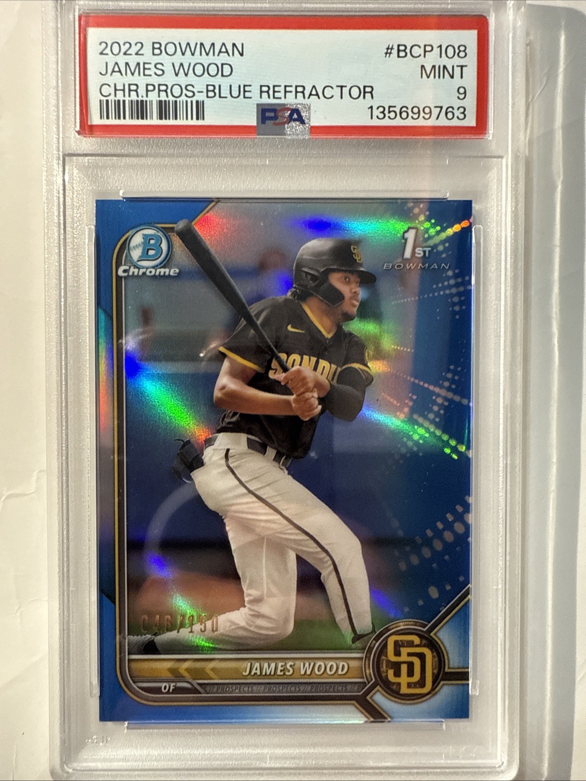 2022 Bowman - Chrome Prospects James Wood #BCP-108 Blue Refractor /150 (RC)