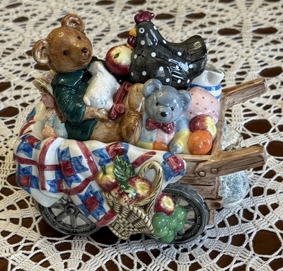 Fitz & Floyd Cookie Jar  Bear in Wagon Picnic Candy Canister Trinket Lidded HTF