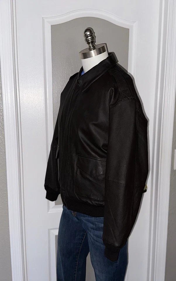 Airborne Bomber Jacket Mens Size L zip and snap Brown Lined USA Flag Leather - Image 3 of 4