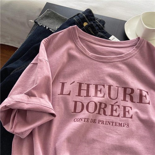 Pink Short Sleeve T-shirt Women's Loose Casual Round Neck Letter Print Thin Top - Picture 6 of 24