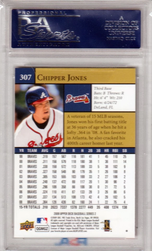CHIPPER JONES 2009 Upper Deck First Edition #307 PSA 10 GEM MINT BRAVES POP 5 - Image 2 of 2