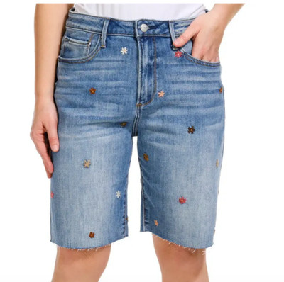 DRIFTWOOD Womens Embroidered Floral Blue Denim Bermuda SHORTS   25   27  NWT