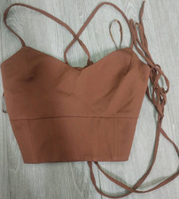 WINDSOR Brown Lace-Up Cropped Tank Top Sweetheart Neck Spaghetti Straps M