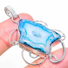 Natural Blue Druzy Slice Gemstone 925 Sterling Silver Pendant 2.21" h131