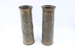Vintage Brass Trench Art Vase Pair w/ Floral & Hammer Texture Detail 2588g