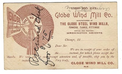 1893 Globe Windmill Co. PC Receipt For Payment