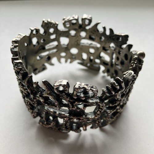 VTG Guy Vidal Hinged Brutalist Pewter Cuff Bracelet Signed