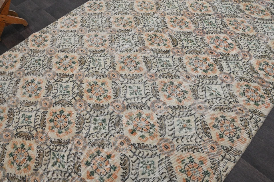 Oushak Turkish Vintage Rug 6x10 Kilim Rug Anatolian Handmade Boho Decor BEIGE - Image 3 of 4