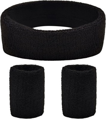 BLMHTWO 3 Piece Sweat Band Set Cotton Headband Wristbands Black