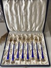 8 Ela Sterling Gilt Cobalt Enamel Crown Topped Seafood Forks In Box As Is