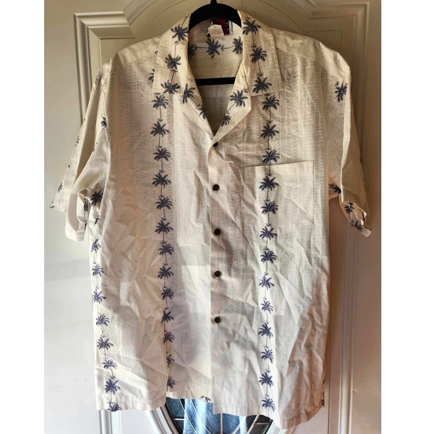 Pacific Legend Hawaiian Shirt L White Palm Tree Embroidered Aloha Made USA