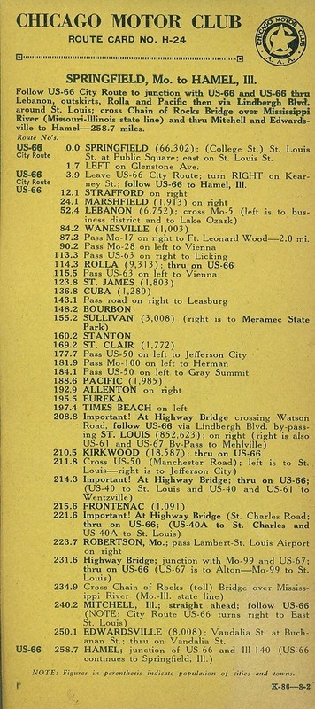 Vintage Chicago Motor Club Route Cards NO. H-24