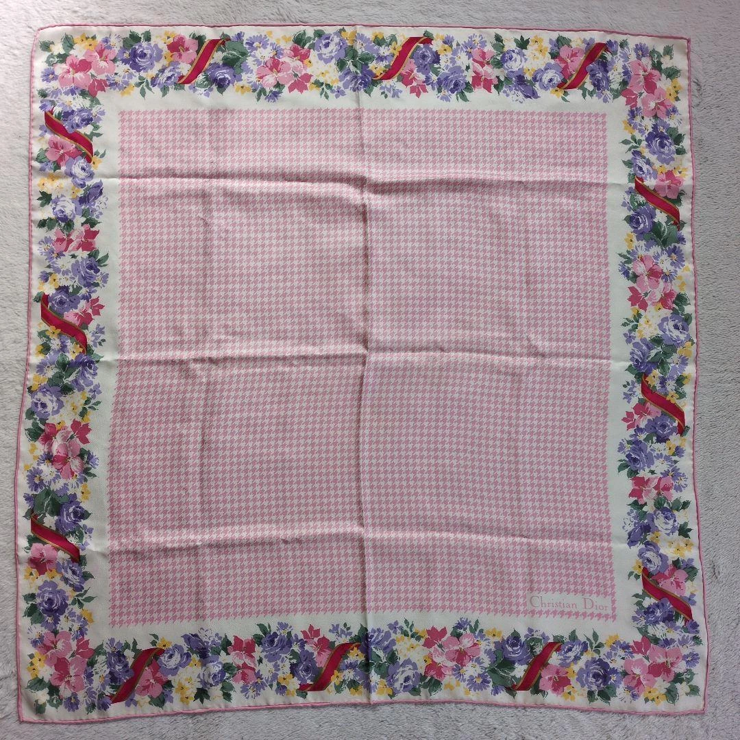 Authentique foulard Christian Dior motif fleurs pied de poule multicolore 78 x 77 cm