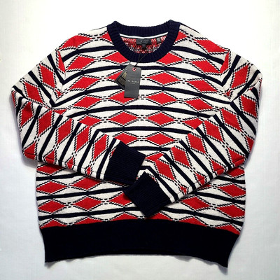 Ted Baker NWT Wool Blend Jacquard Argyle Crew Neck Sweater Sz 6 XL-2XL $260