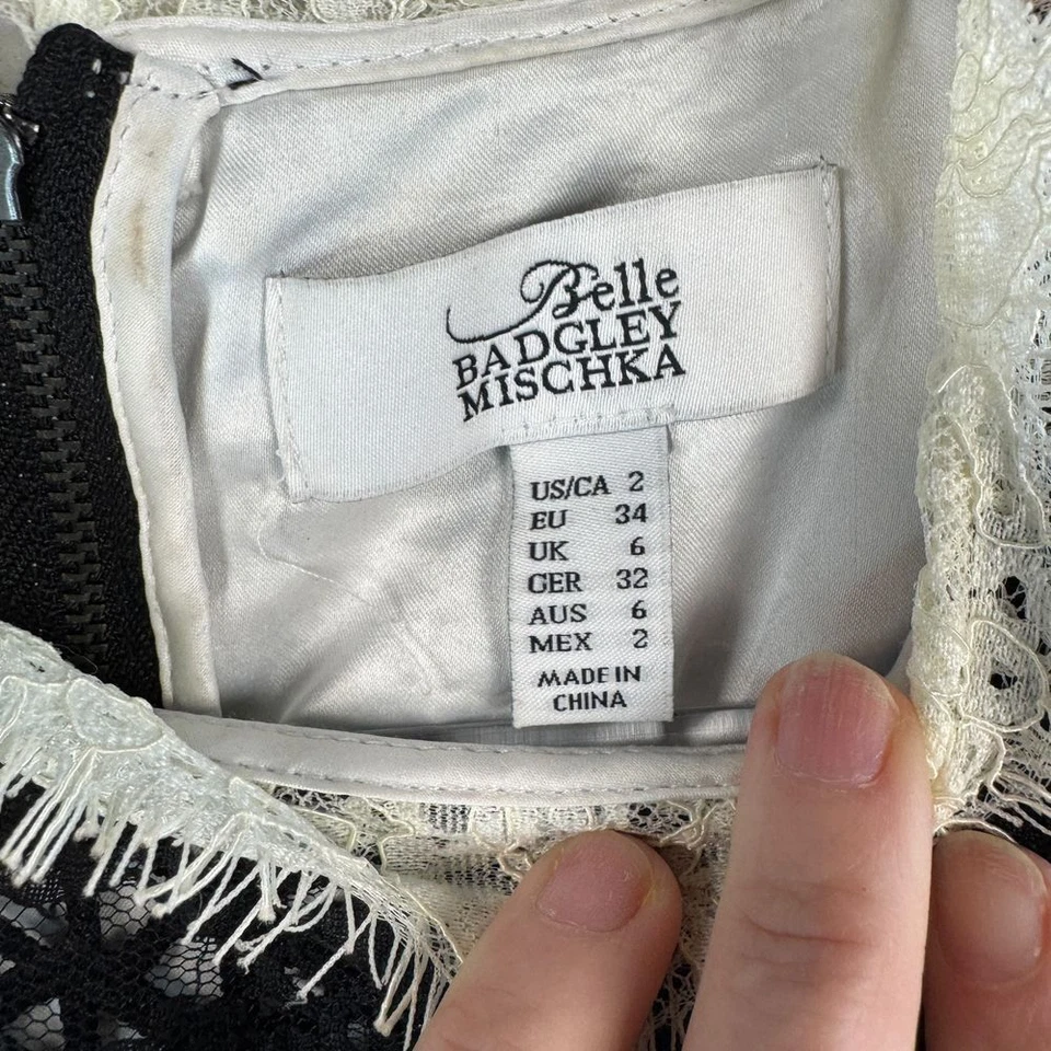 Belle Badgley Mischka Black White Lace Striped Cocktail Party Dress Size 2 - Image 3 of 4