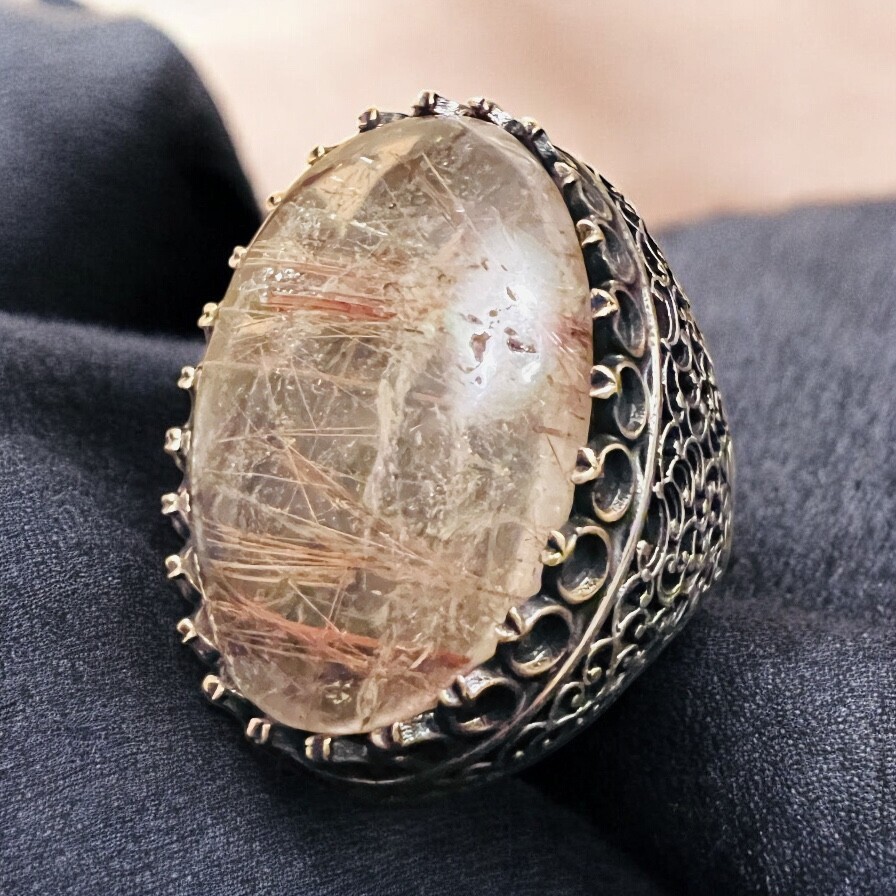 925 Plata de Ley Hombres Anillo – Grande Natural Oro Rutil Boho Estilo Anillo