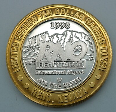 LE Ten Dollar Gaming Token Reno Nevada 1998 Fly RNO .999 Fine Silver Strike