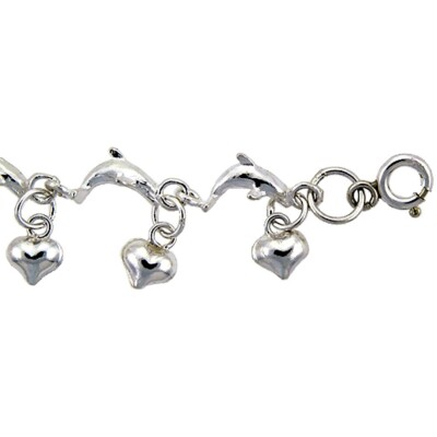 925 Sterling Silver Anklet with Jumping Dolphins & Hearts, Fits 9'' to 10'' Ankles