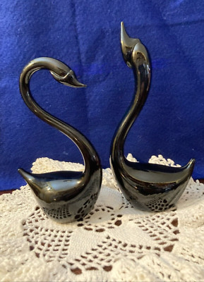 Vtg Crowing Touch Black Swans (2) Hand Blown Glass 8  long neck 6.5  bent neck