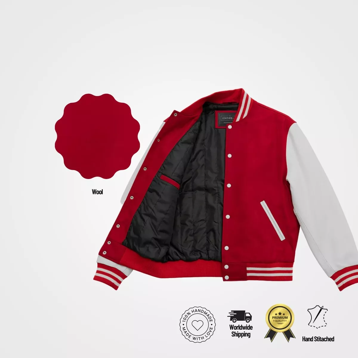 Red black and white varsity jacket store