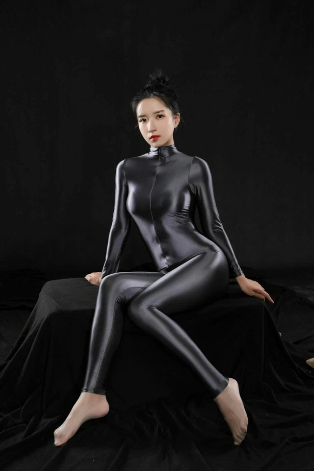 Damen Jumpsuit 2 Reißverschluß Wetlook Bodysuit Langarm Catsuit Satin Overalls - Bild 4 von 4