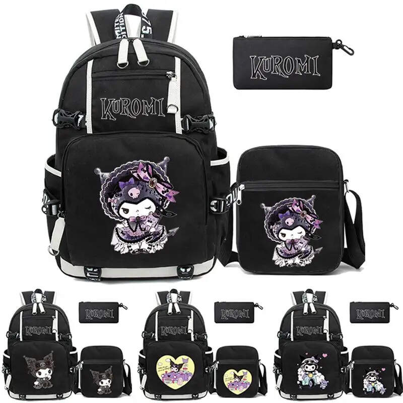 3Pcs/set Kuromi Backpack Schoolbag Usb Canvas Knapsack Bags Travel
