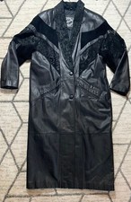 Vtg Winlit Sz Large Black Genuine Leather Long Patterned Trench Coat Jacket Euc