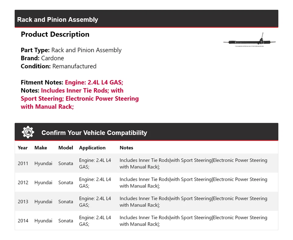 Conjunto de piñón y cremallera de gas Cardone 2012 para Hyundai Sonata 2011-2014 2,4 L L4 Foto 2 de 4