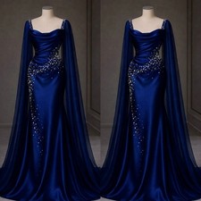Royal Blue Mermaid Women Evening Dress With Cape Beading Formal Party Prom Gown